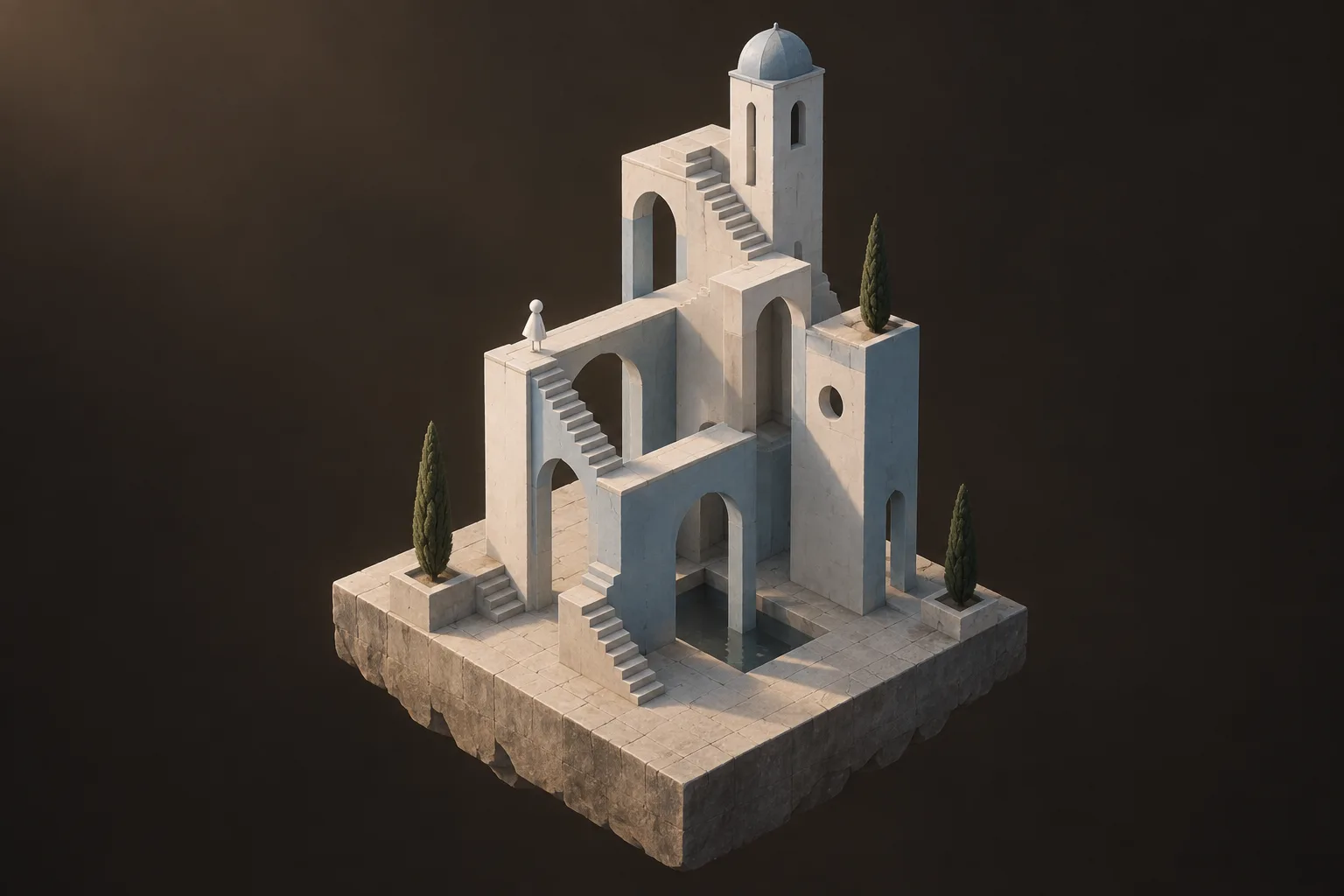Arquitectura de un juego de puzles con arcos y escaleras