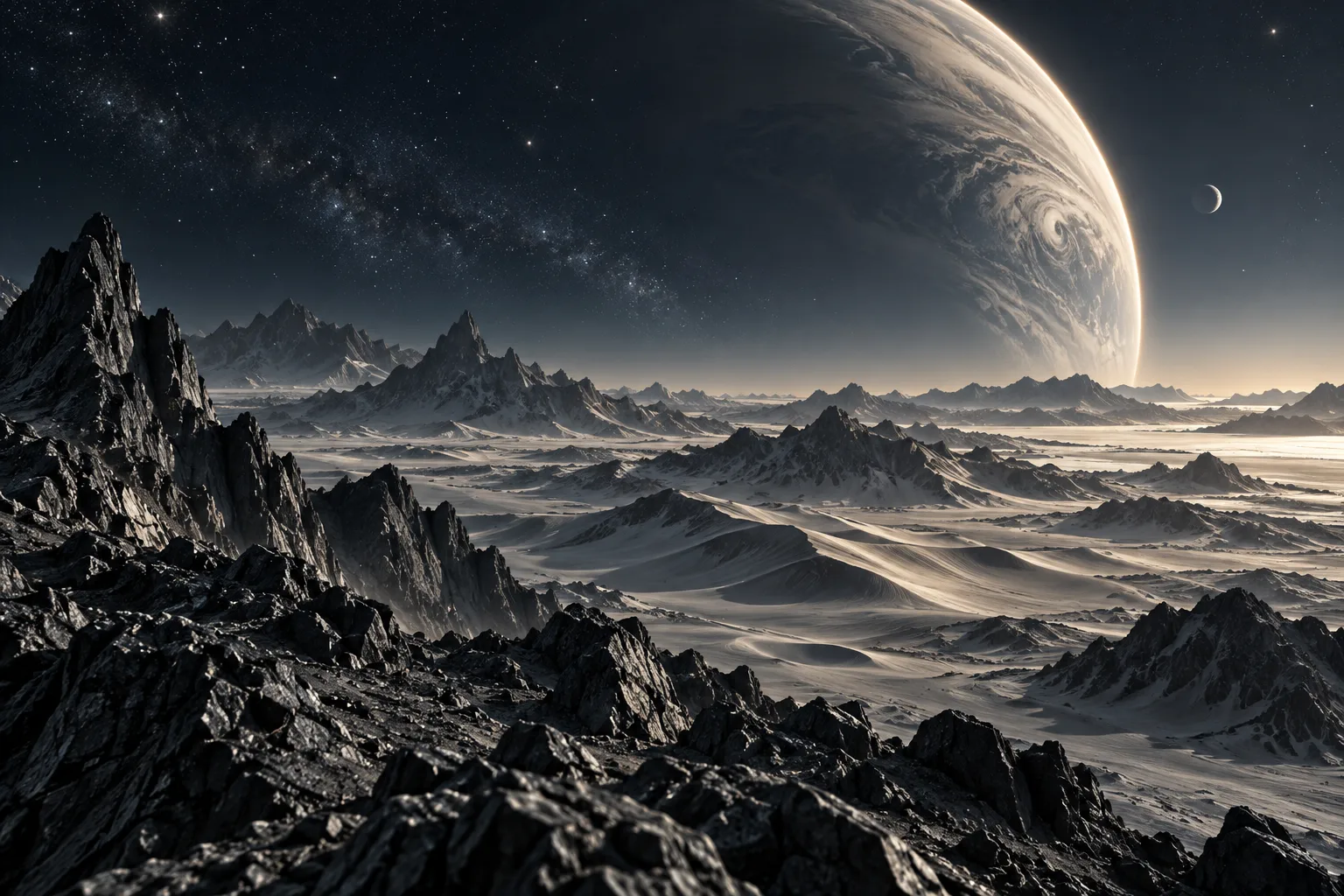 Montañas oscuras y dunas bajo un planeta monumental